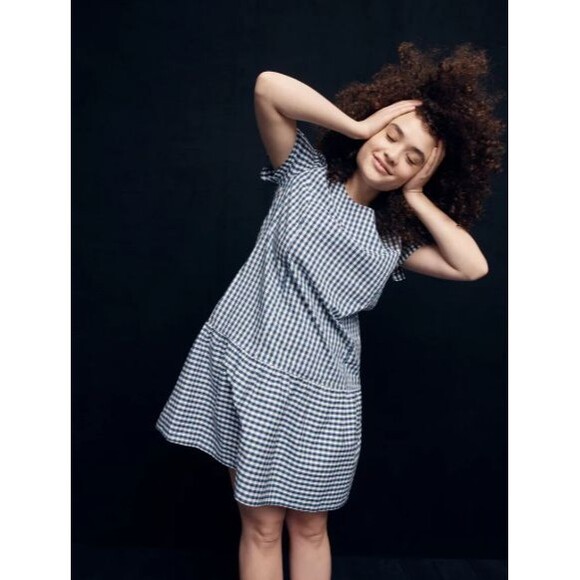 Universal Standard J Crew Gingham Dress Small Ruffles Blue Shift Drop Waist FLAW - Picture 1 of 12